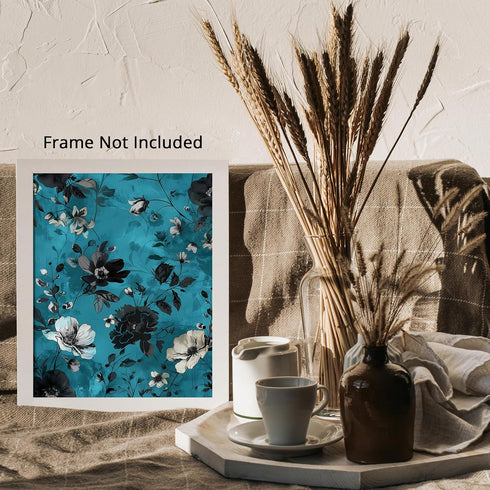 Posterizer 1 pcs-white and black dainty flowers with blue background-Floral & Botanical Art-Abstract & Modern Art-Decor for Home & Office- UNFRAME...
